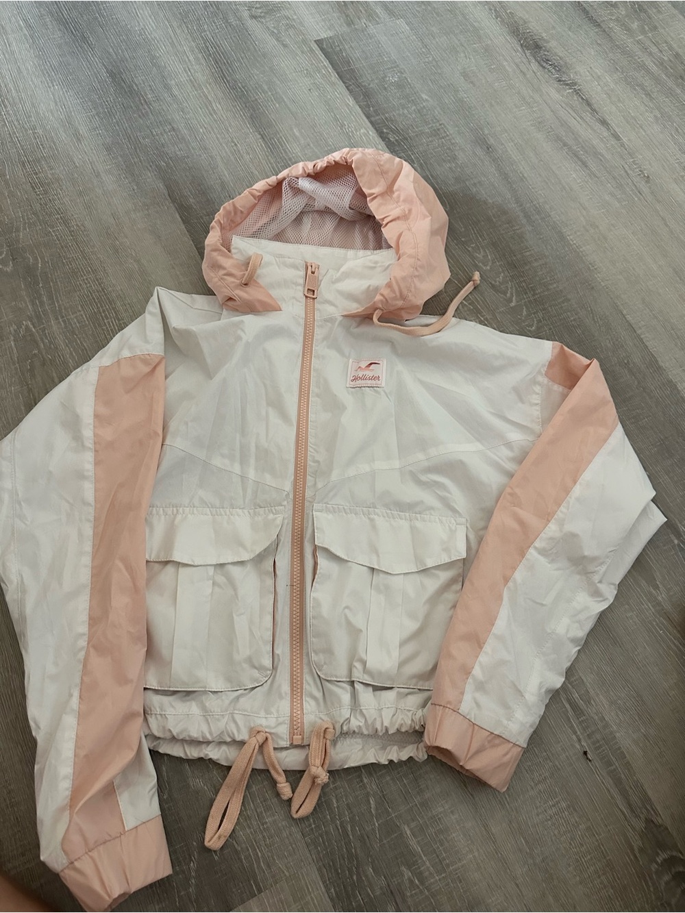 Hollister White and Light Pink Hooded Windbreaker Jacket